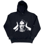black hoodie with white graphic of person covering ears and text SVANTY on front