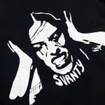 Black fabric with white graphic of a distressed face and word 'SVRNTY' below