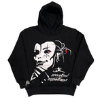Black hoodie with white clown face, red eye, spider design, and masked emotions text
