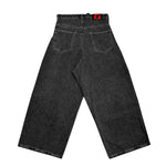 black wide-leg denim pants with back pockets and red logo patch on waistband