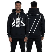 Black hoodie with white graphic face and SVRNTY text on front, number 7 design on back, worn by male model