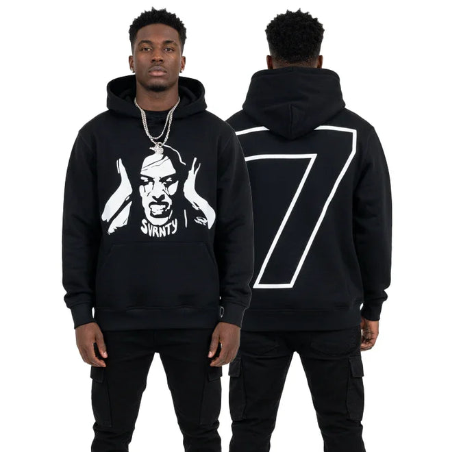 Black hoodie with white graphic face and SVRNTY text on front, number 7 design on back, worn by male model