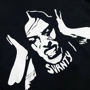 Black fabric with white graphic of a distressed face and word 'SVRNTY' below