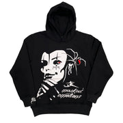 Black hoodie with white clown face, red eye, spider design, and masked emotions text