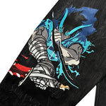 Black denim jacket featuring blue and gray anime ninja character with sword and dynamic flames design