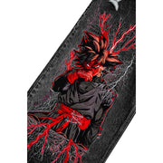 Embroidered anime warrior with red and black outfit striking a pose on black denim fabric