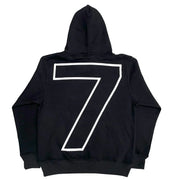 Black hoodie with large white outlined number 7 on the back