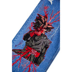 Embroidered anime character with black and red hair and energy lightning on blue denim fabric