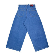 Back view of blue wide-leg denim jeans with high waist and patch pockets