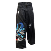 Black wide-leg jeans with blue and red anime character graphic and distressed details